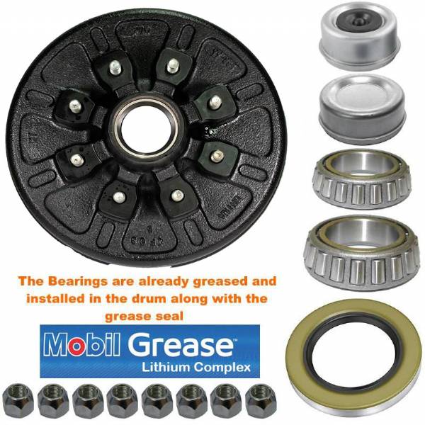 7000 lbs. 8 on 6-1/2" Bolt Pattern 12" Pre-Greased Brake Drum Kit with 9/16" Lug Studs